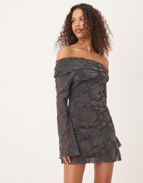 ASOS DESIGN off shoulder flocked bardot mini dress in petrol blue - view 1