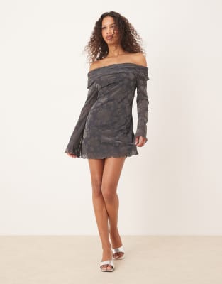 Asos Design Off Shoulder Flocked Bardot Mini Dress In Gray
