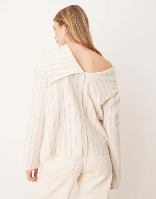 ASOS DESIGN off shoulder fold detail long sleeve top in cream pinstripe, 2 of 4