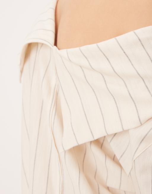 ASOS DESIGN off shoulder fold detail long sleeve top in cream pinstripe, 3 of 4