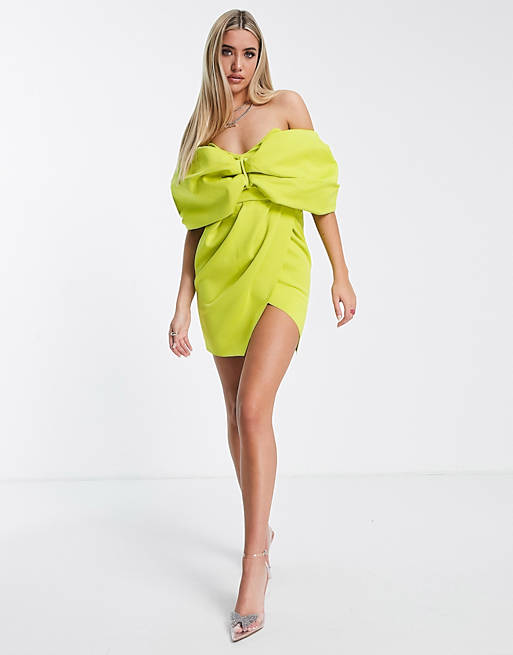 ASOS DESIGN off shoulder fold wrap pleat mini dress in chartreuse