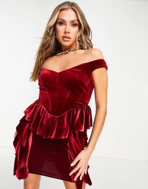 ASOS DESIGN off shoulder frill corset velvet mini dress