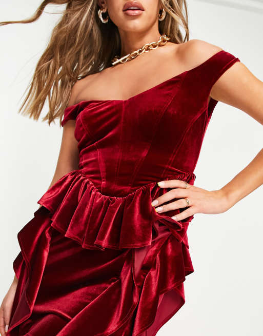 ASOS DESIGN Hourglass velvet corset with one shoulder dobby mesh