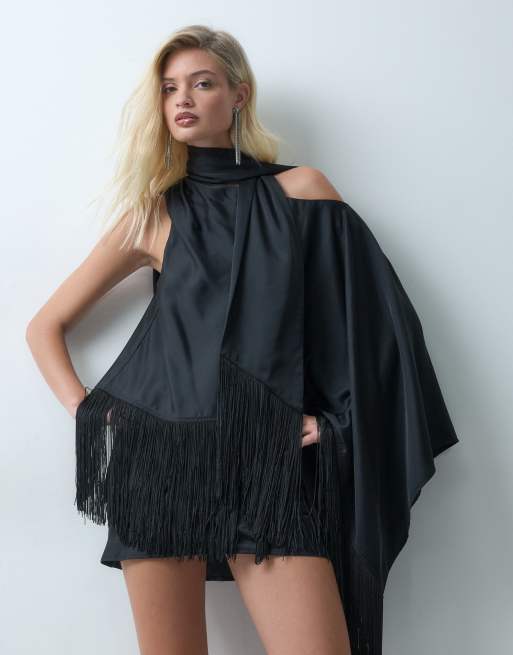 ASOS DESIGN off shoulder fringe satin mini dress with scarf in black, 2 of 5