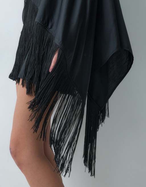 ASOS DESIGN off shoulder fringe satin mini dress with scarf in black, 3 of 5
