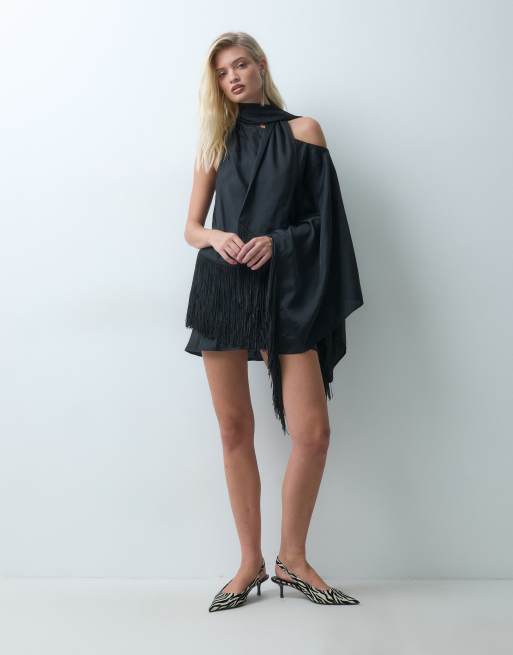 ASOS DESIGN off shoulder fringe satin mini dress with scarf in black, 4 of 5