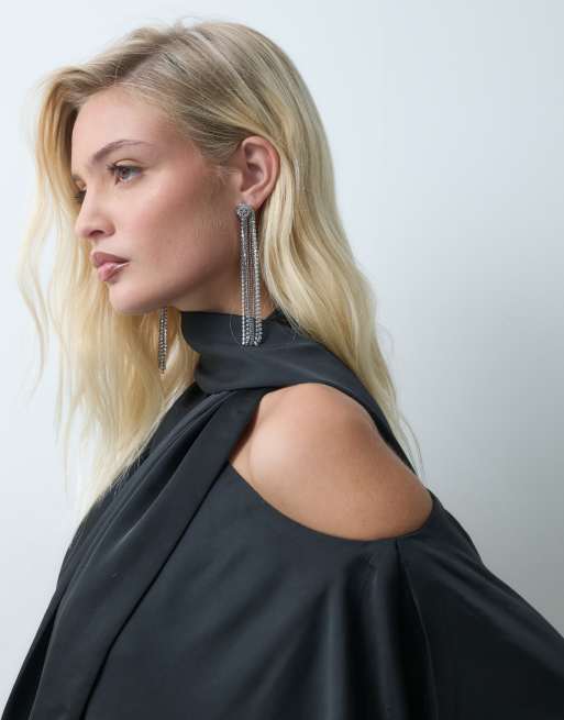 ASOS DESIGN off shoulder fringe satin mini dress with scarf in black, 5 of 5