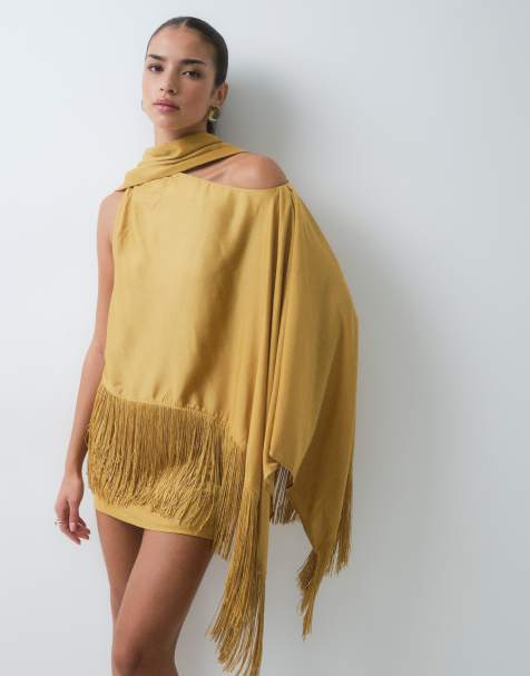 ASOS DESIGN off shoulder fringe satin mini dress with scarf in golden honey - view 1