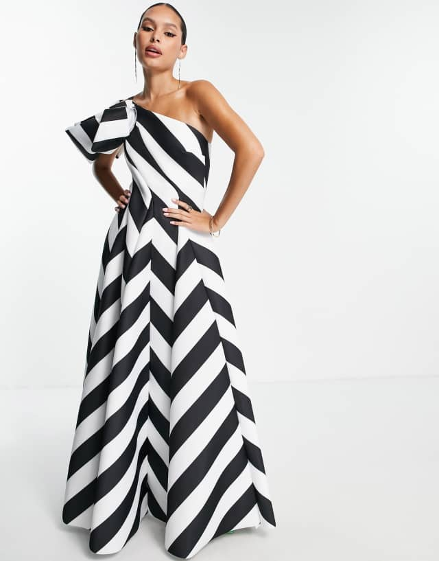 ASOS DESIGN off shoulder godet maxi dress in mono stripe