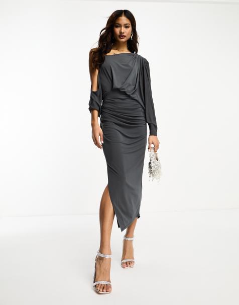 ASOS DESIGN off shoulder grecian drape midi dress in charcoal grey - view 1
