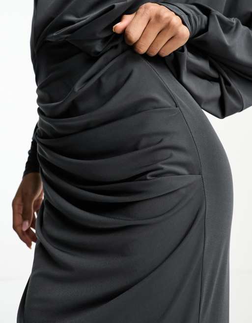 ASOS DESIGN off shoulder grecian drape midi dress in charcoal grey, 2 of 4