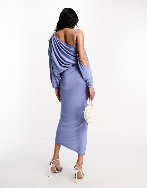 ASOS DESIGN off shoulder grecian drape midi dress in dusky blue