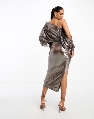 asos design off shoulder grecian drape midi dress in gold foil