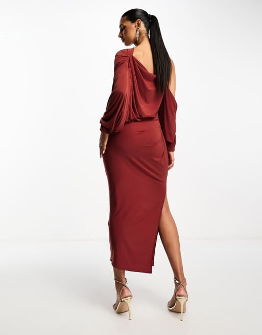 ASOS DESIGN off shoulder grecian drape midi dress in rust