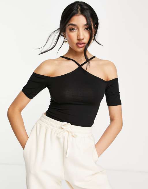 ASOS DESIGN off shoulder halter neck top in black