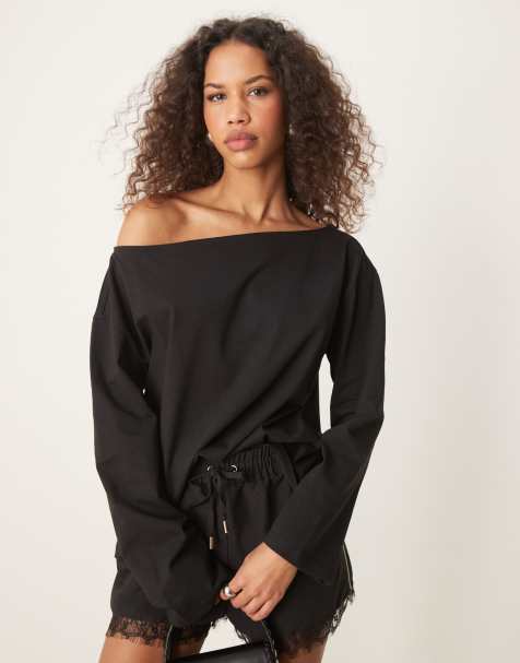ASOS DESIGN off shoulder heavyweight oversized t-shirt in black - view 1