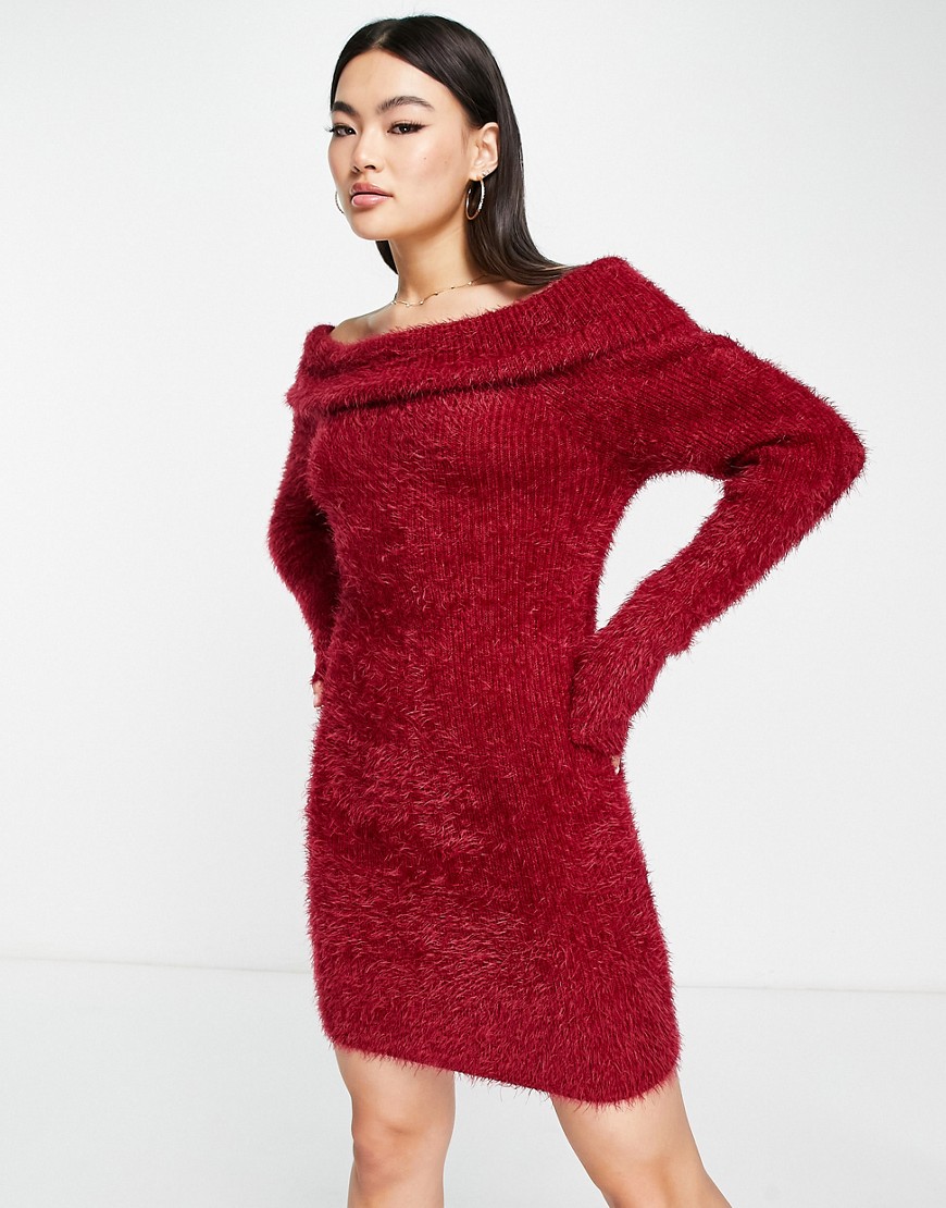 ASOS DESIGN off shoulder jumper dress in fluffy yarn in dark red