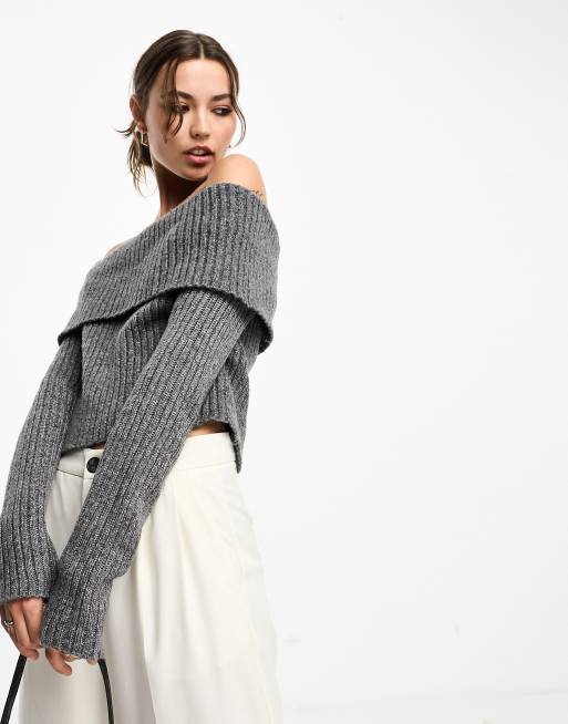 ASOS DESIGN off shoulder jumper in chunky rib in charcoal ASOS