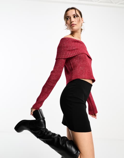 Rib-knit off-the-shoulder jumper - Red - Ladies