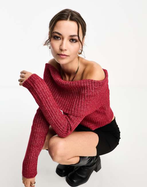 ASOS DESIGN off shoulder jumper in chunky rib in red ASOS