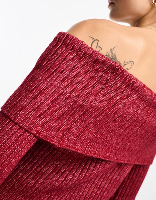 Rib-knit off-the-shoulder jumper - Red - Ladies