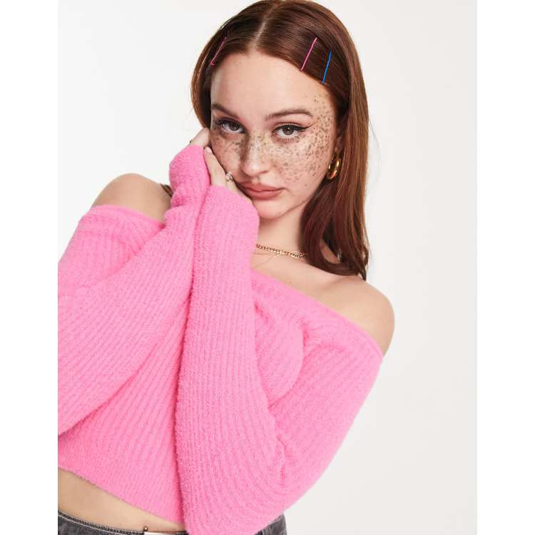 ASOS DESIGN off shoulder jumper in fluffy yarn in pink