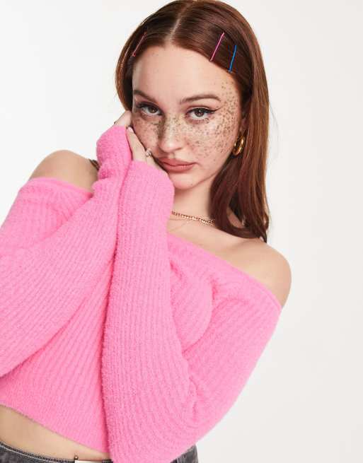 ASOS DESIGN off shoulder jumper in fluffy yarn in pink ASOS