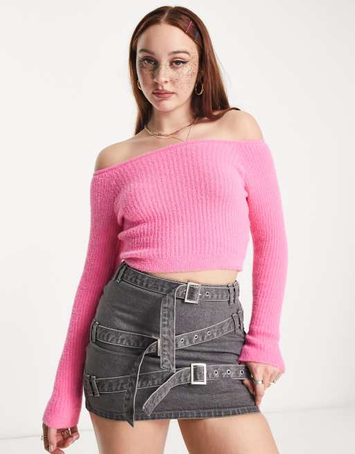 ASOS DESIGN off shoulder jumper in fluffy yarn in pink