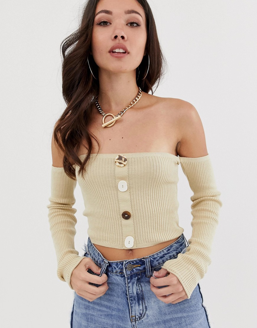 ASOS DESIGN off shoulder jumper with mixed button detail-Stone
