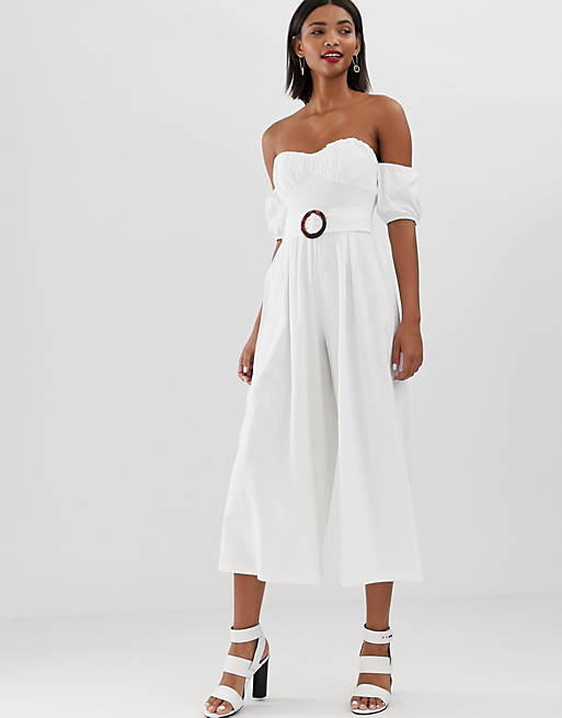 ASOS DESIGN off shoulder jumpsuit with puff sleeve and buckle detail