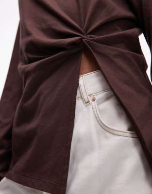 Asos Design Off Shoulder Knot Detail Long Sleeve Top In Brown