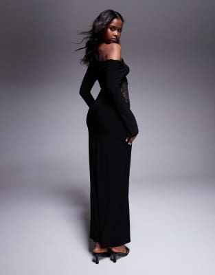 Shop Asos Design Off-shoulder Lace Insert Maxi Dress In Black