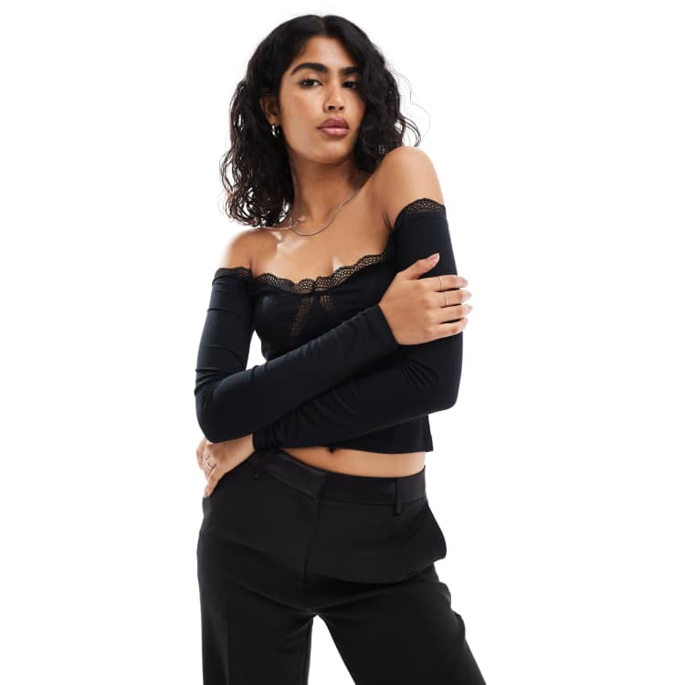 トップス S lace trim off shoulder tops black Knit Fabric Off-shoulder Lace Short Sleeve Tee For Date