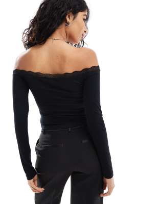 トップス S lace trim off shoulder tops BLACK Off Shoulder Lace Trim Crop Tops – REORIA