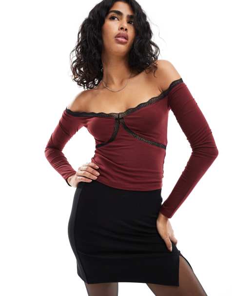 ASOS DESIGN off shoulder lace trim top in burgundy - view 1