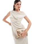 [ASOS DESIGN] ASOS DESIGN off shoulder linen drape detail midi dress in stone-Neutral 18 STONE
