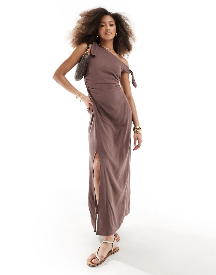 ASOS DESIGN off shoulder linen maxi dress with knot detail in chocolate-Brown