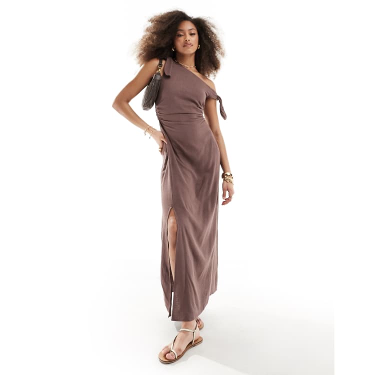 ASOS DESIGN off shoulder linen maxi dress with knot detail in chocolate