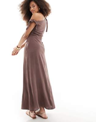 ASOS DESIGN off shoulder linen maxi dress with knot detail in chocolate