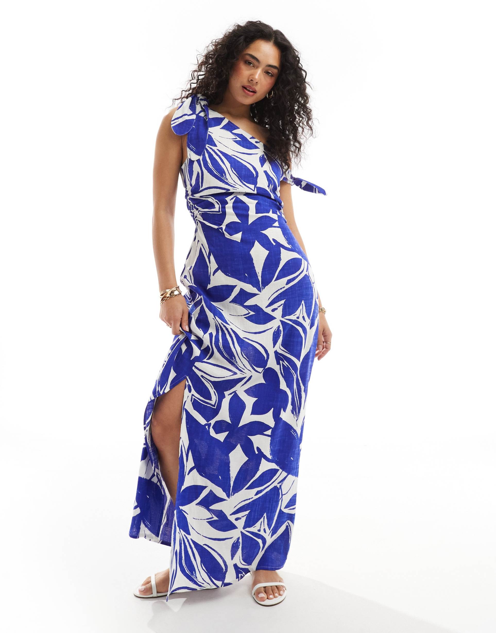 asos design off shoulder linen mix maxi dress with knot detail in abstract print