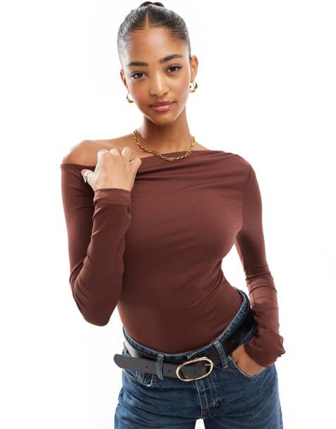 ASOS DESIGN off shoulder long sleeve bodysuit in chocolate brown - view 1
