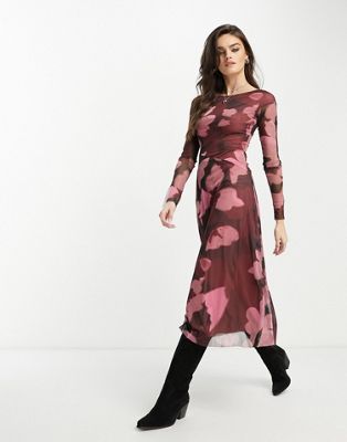 ASOS DESIGN off shoulder long sleeve midi dress in abstract pink and black floral