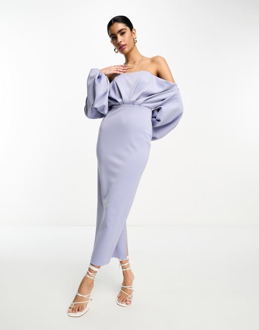 ASOS DESIGN off shoulder grecian drape midi dress in dusky blue