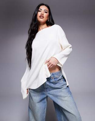 Asos Design Off Shoulder Long Sleeve T-shirt In Crinkle White