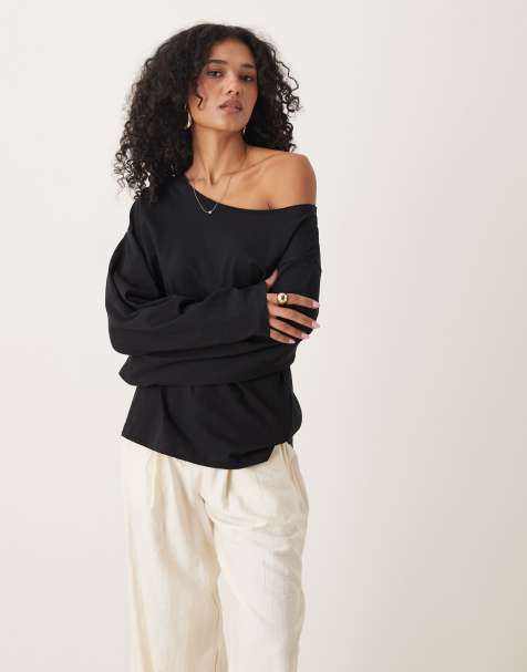 ASOS DESIGN off shoulder long sleeve tee in black - view 1