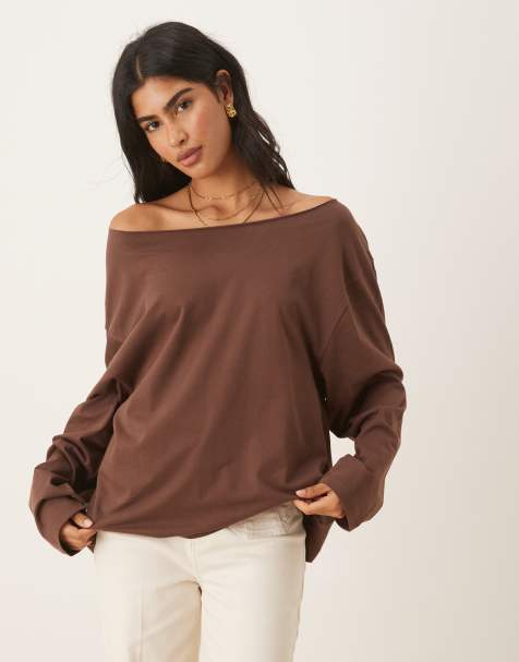 ASOS DESIGN off shoulder long sleeve tee in chocolate - view 1
