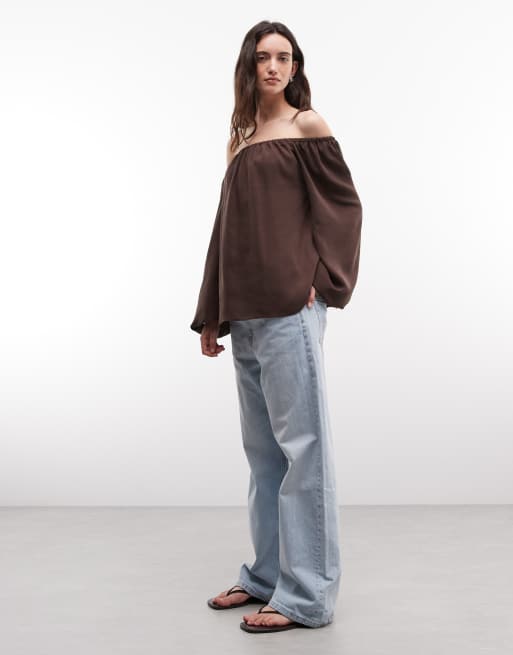 ASOS DESIGN off shoulder long sleeve top co-ord in brown, 2 of 4