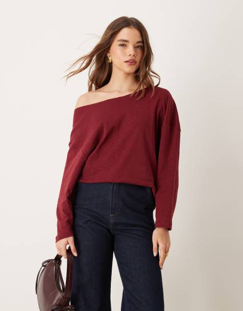 ASOS DESIGN off shoulder long sleeve top in burgundy - view 1