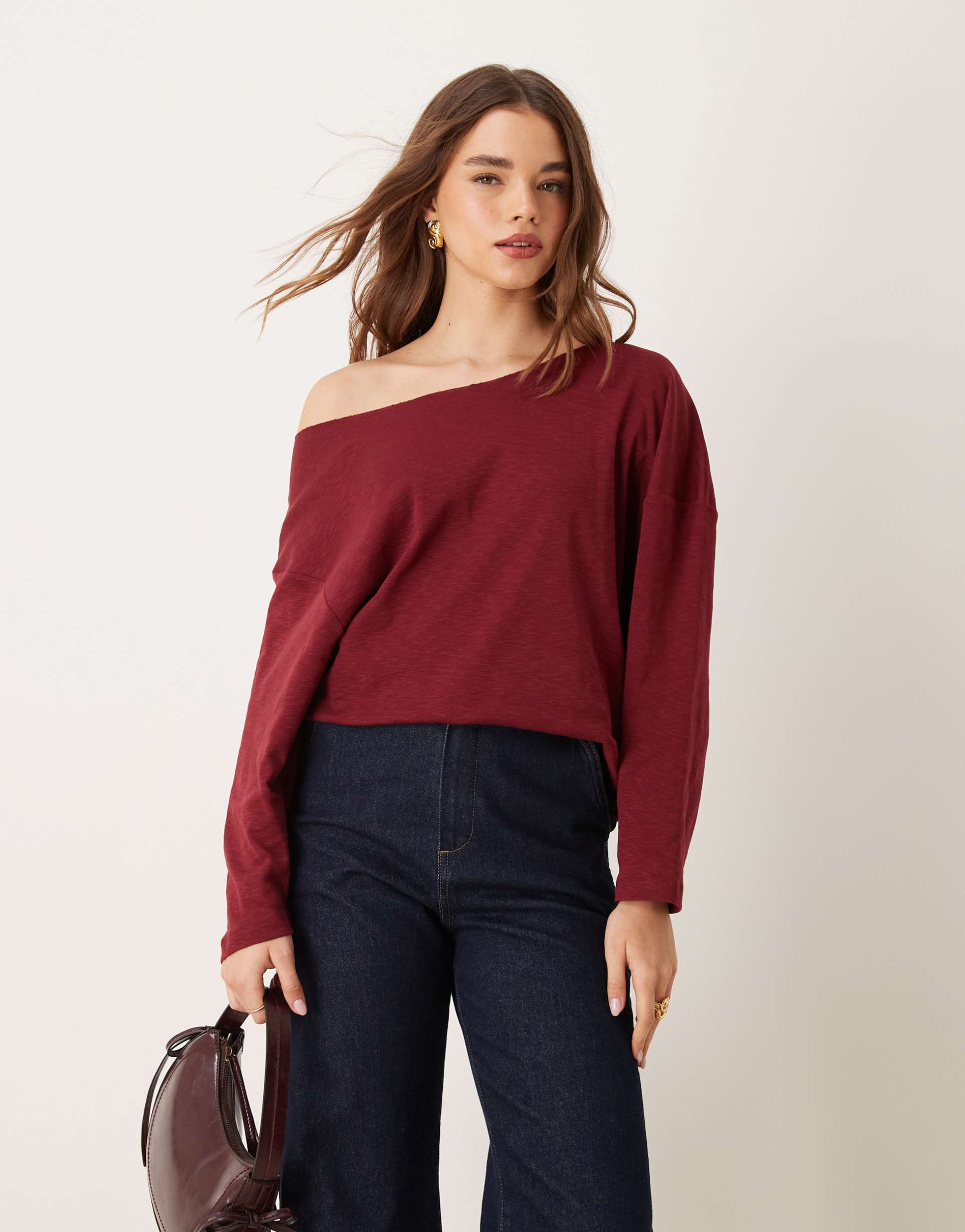 asos design off shoulder long sleeve top in burgundy