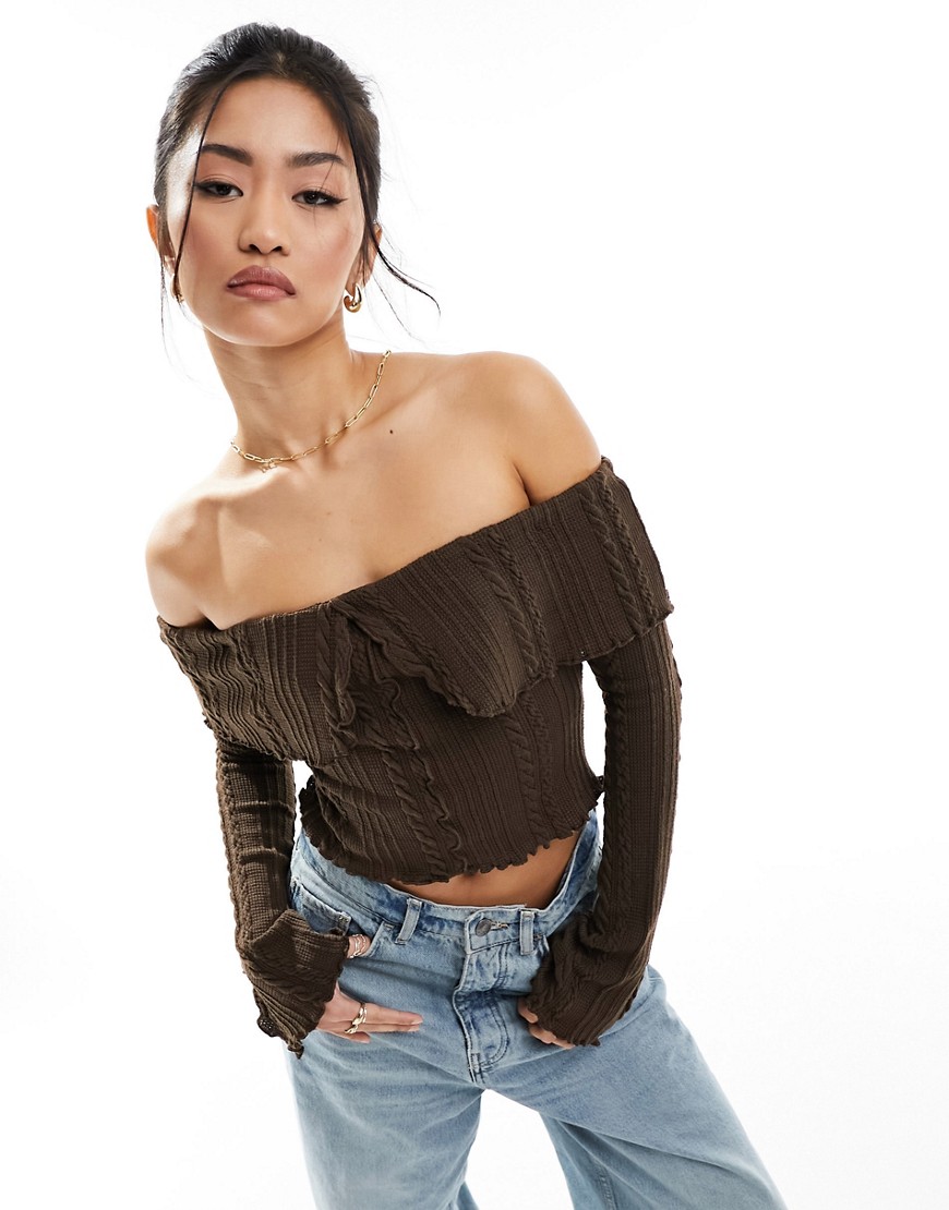 ASOS DESIGN off shoulder long sleeve top in chocolate cable knit-Brown